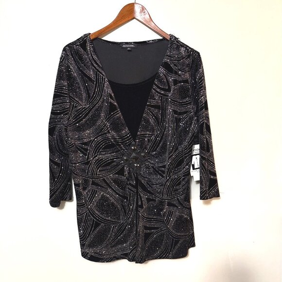 Notations Tops - NWT Notations XL Black Velvet 3/4 sleeve empress top with built in tank silver